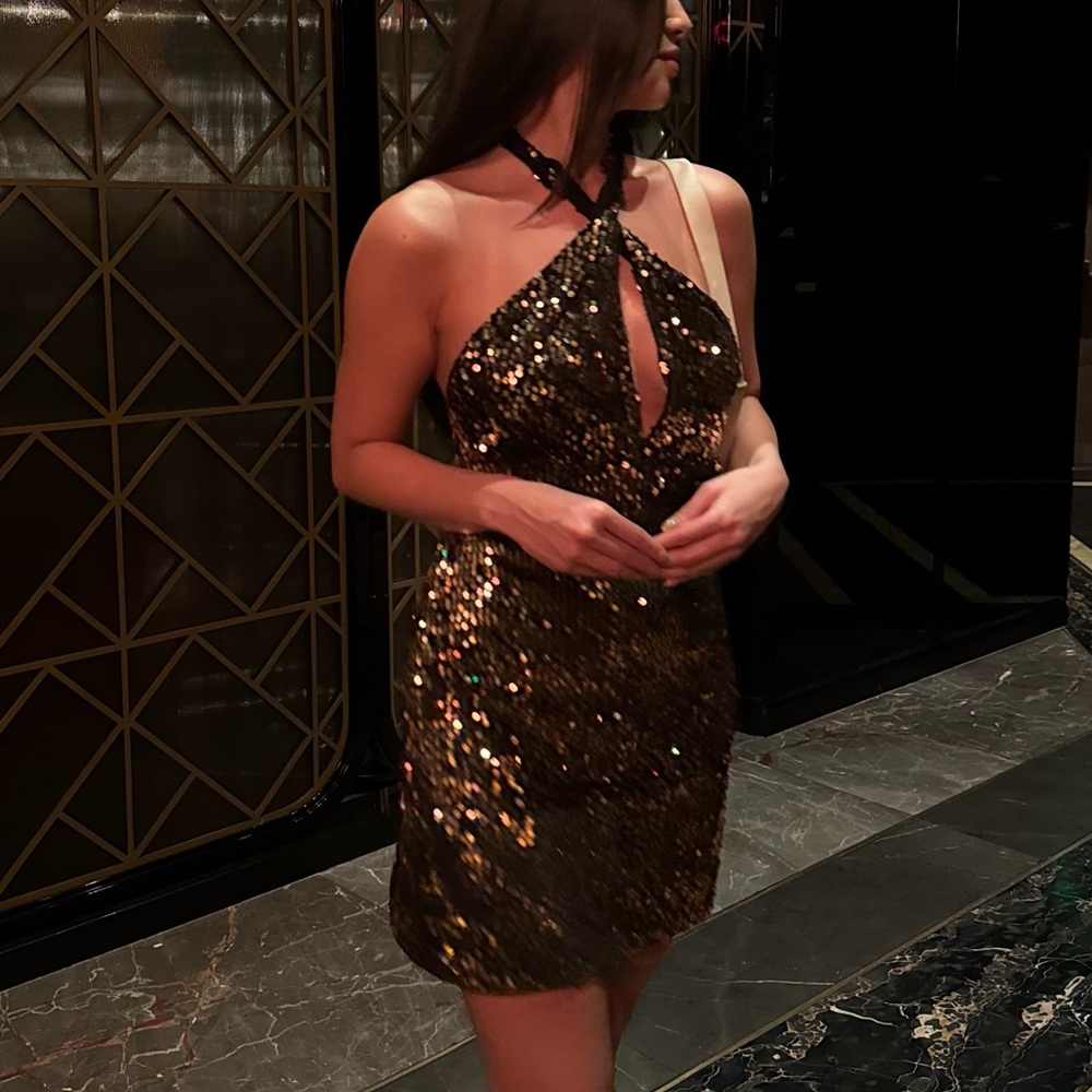 Black and Gold Sequin Halter mini Dress